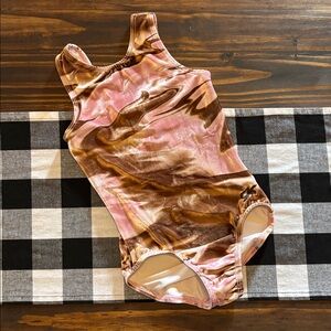 GK Elite Gymnastics leotard child’s large pink brown velour swirl